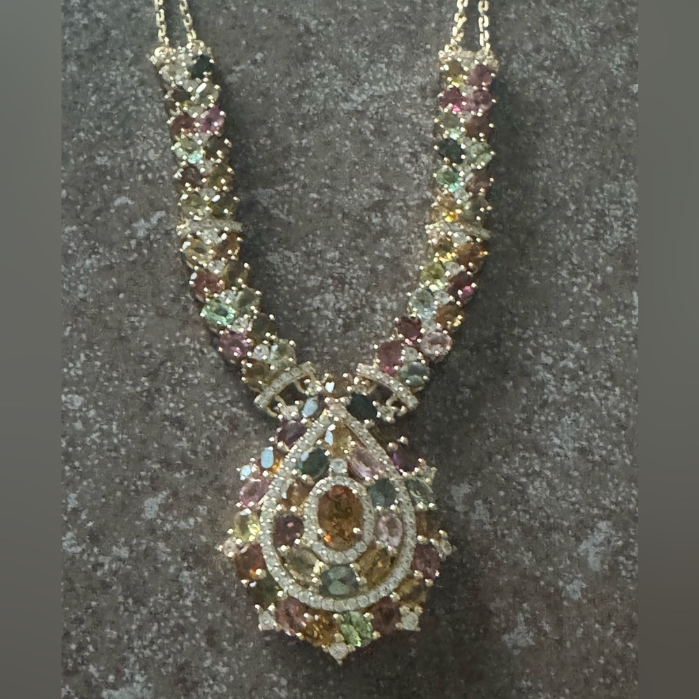 Elegant Multicolor Tourmaline Necklace 18 k YG over SS 12.49 CTW